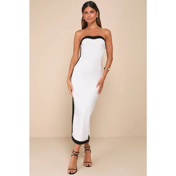 NWT Lulus Impressive Edge White Color Block Strapless Midi Dress Size XS - Picture 1 of 5
